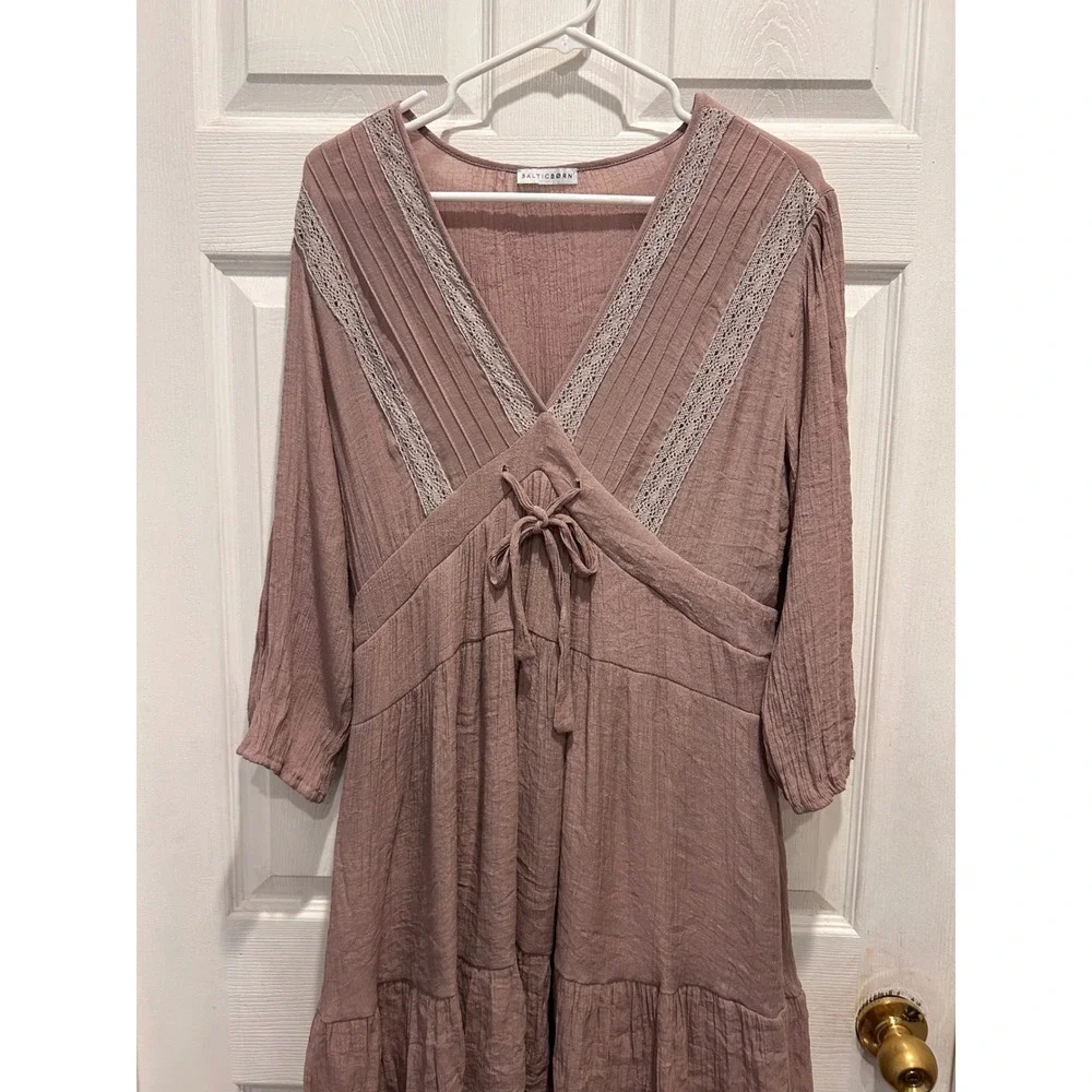 Baltic Born Amelia Dress Mauve Dusty‎ Lavender Lace Trim Mini XL Boho Ruffle Hem